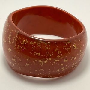 Vintage Chunky Acrylic Cuff Bracelet Warm Red with Gold Flake Glitter Confetti